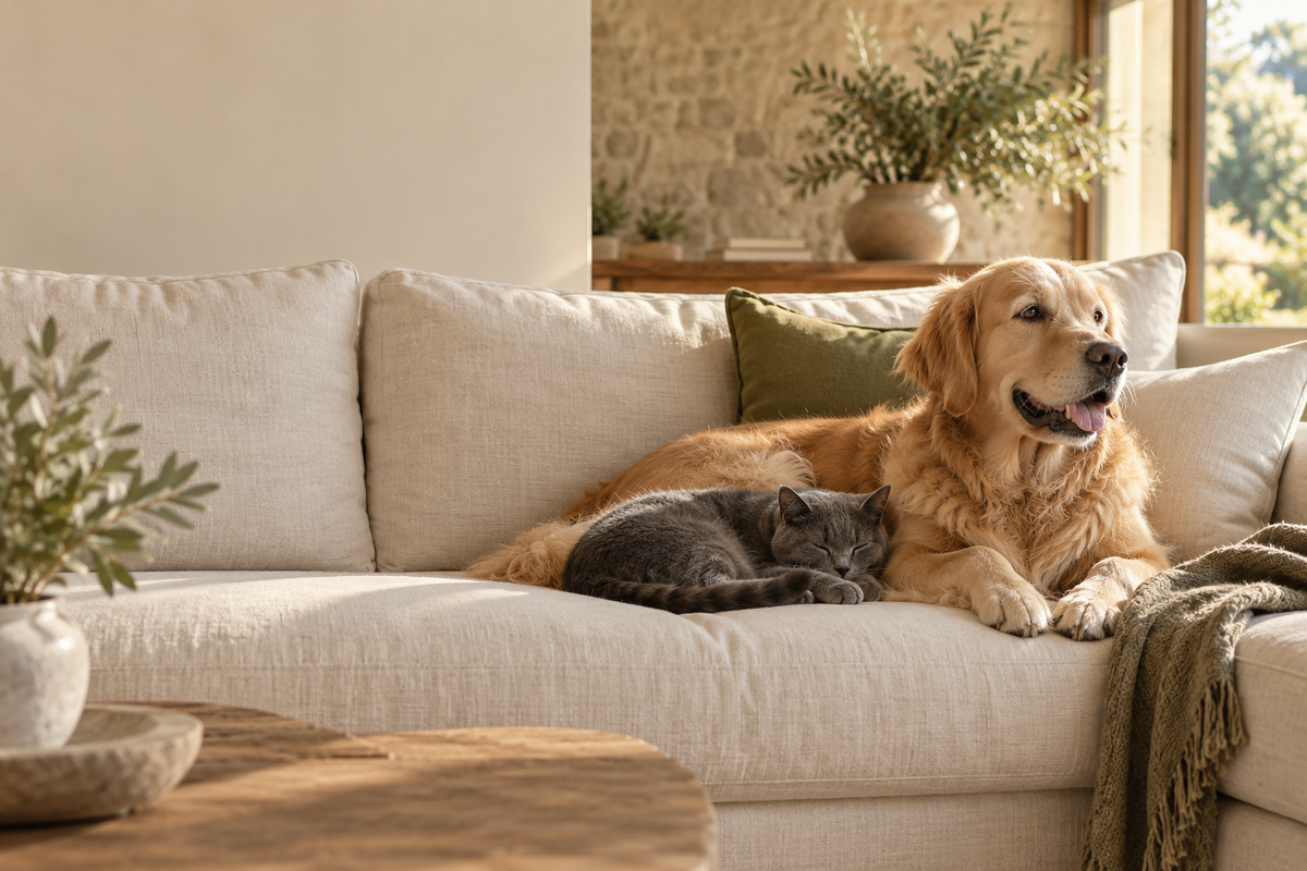 A golden retriever and grey cat relaxing on a cream sofa in a sunlit home